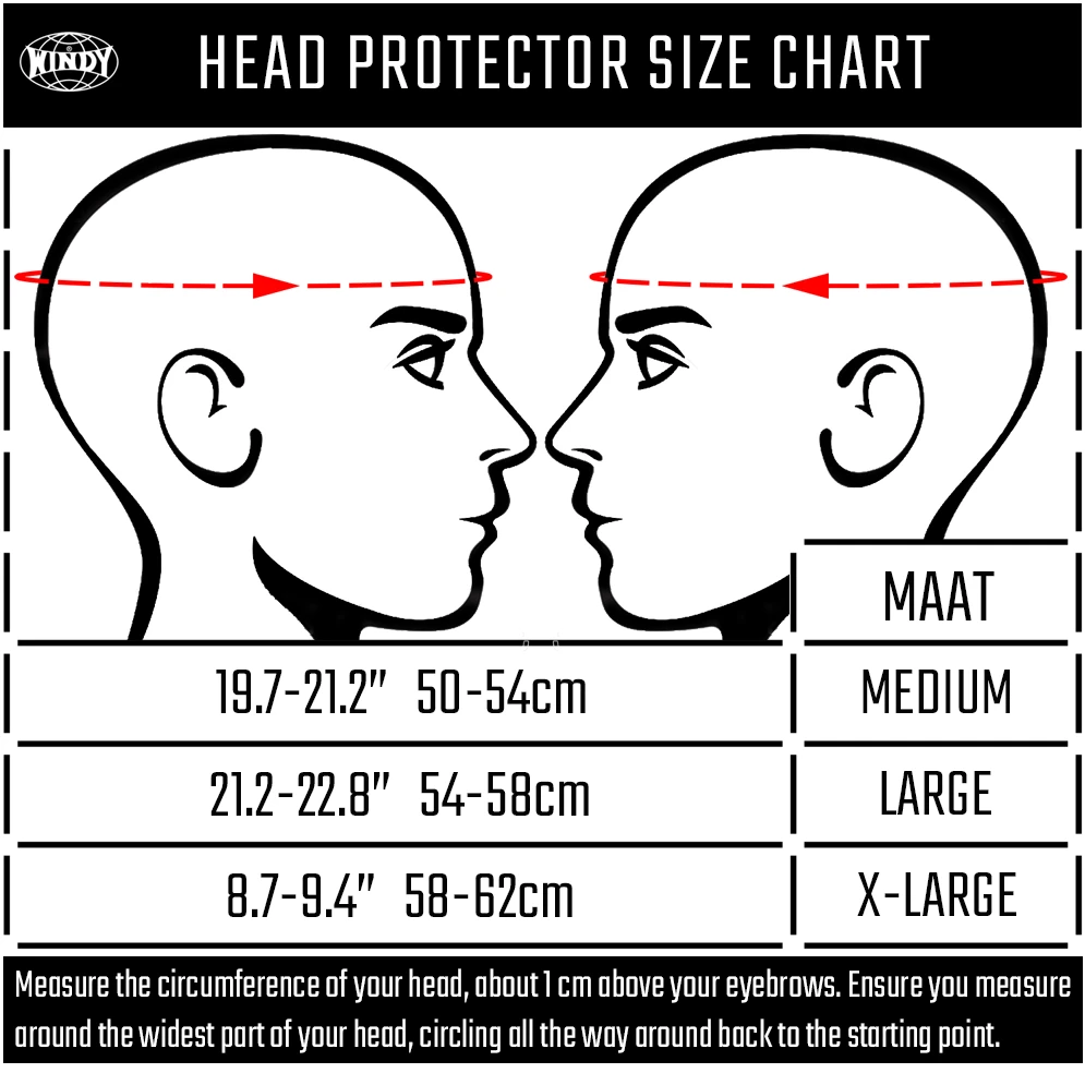 Windy head protector size chart