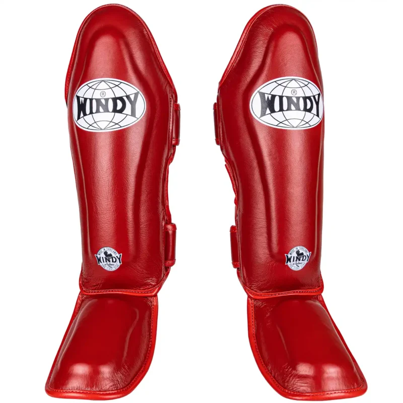 Windy Leather Muay-Thai Shinguards in Red front view