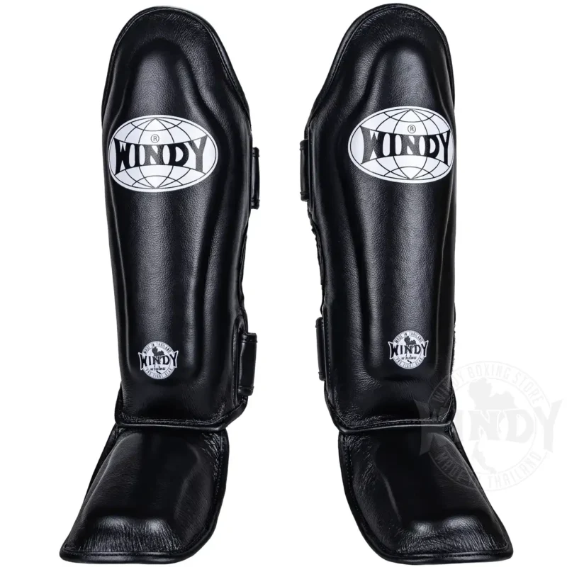 Windy Leather Muay Thai Shinguards in Black front view
