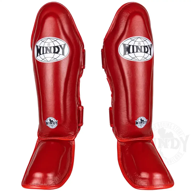 Windy Leather Muay Thai Shinguards in Red front view