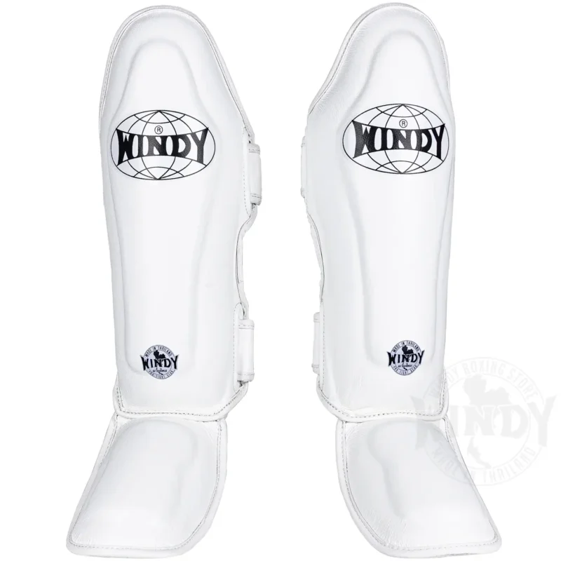 Windy Leather Muay Thai Shinguards in White front view