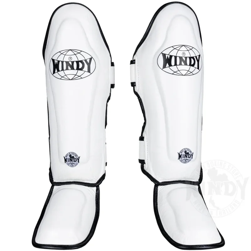Windy Leather Muay Thai Shinguards in White-Black front view